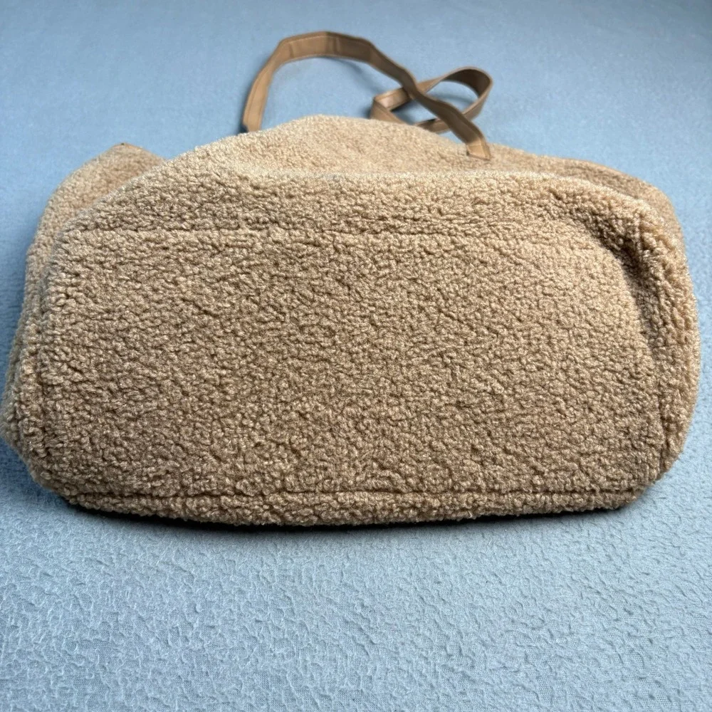 Neiman Marcus Faux Shearling Sherpa Tote Bag Camel Tan Brown Shoulder Bag